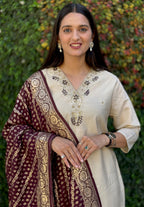 Vedant Vastram Kurta Pant Set With Dupatta Having Beautiful Handwork - White | Grocsy
