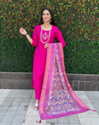 Vedant Vastram Kurta Pant Set With Dupatta Having Beautiful Handwork - Pink | Grocsy