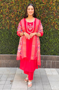 Vedant Vastram Kurta Pant Set With Dupatta Having Beautiful Handwork - Red | Grocsy