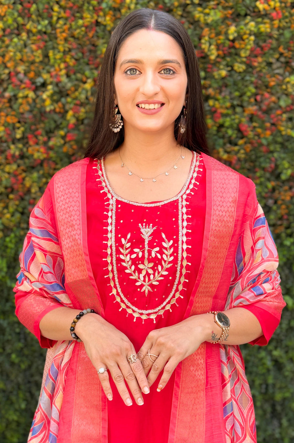 Vedant Vastram Kurta Pant Set With Dupatta Having Beautiful Handwork - Red | Grocsy