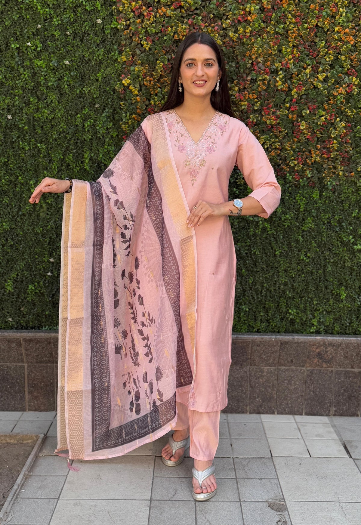 Vedant Vastram Kurta Pant Set With Dupatta Having Beautiful Handwork - Peach | Grocsy