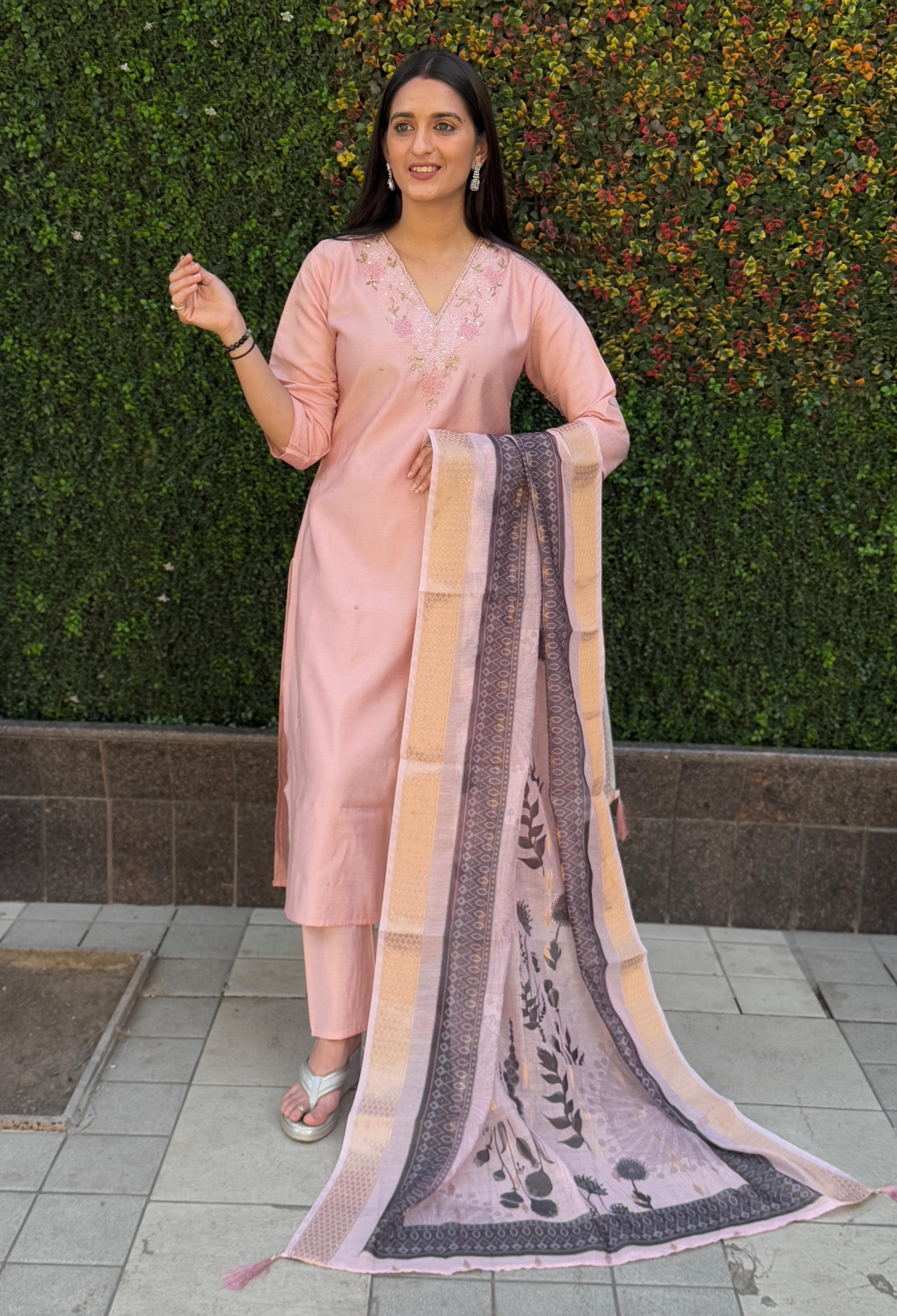 Vedant Vastram Kurta Pant Set With Dupatta Having Beautiful Handwork - Peach | Grocsy