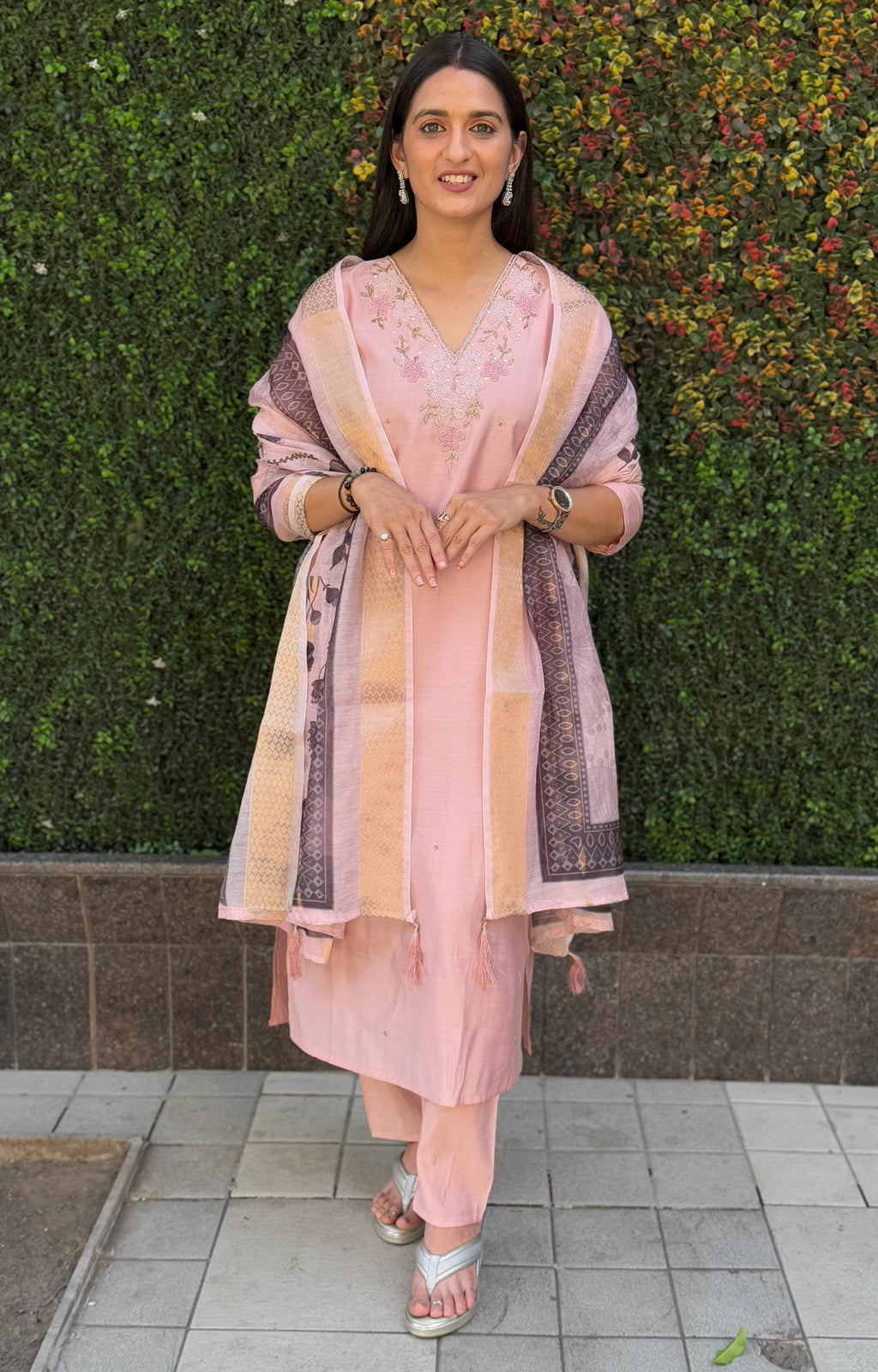 Vedant Vastram Kurta Pant Set With Dupatta Having Beautiful Handwork - Peach | Grocsy
