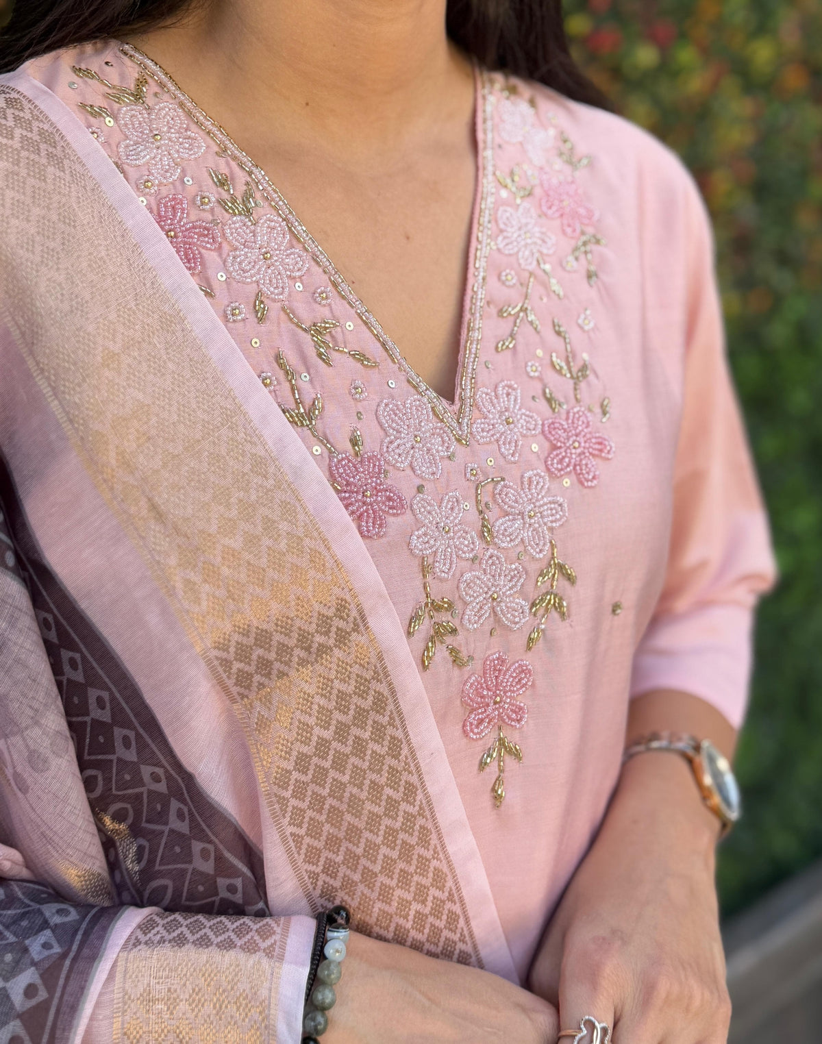 Vedant Vastram Kurta Pant Set With Dupatta Having Beautiful Handwork - Peach | Grocsy