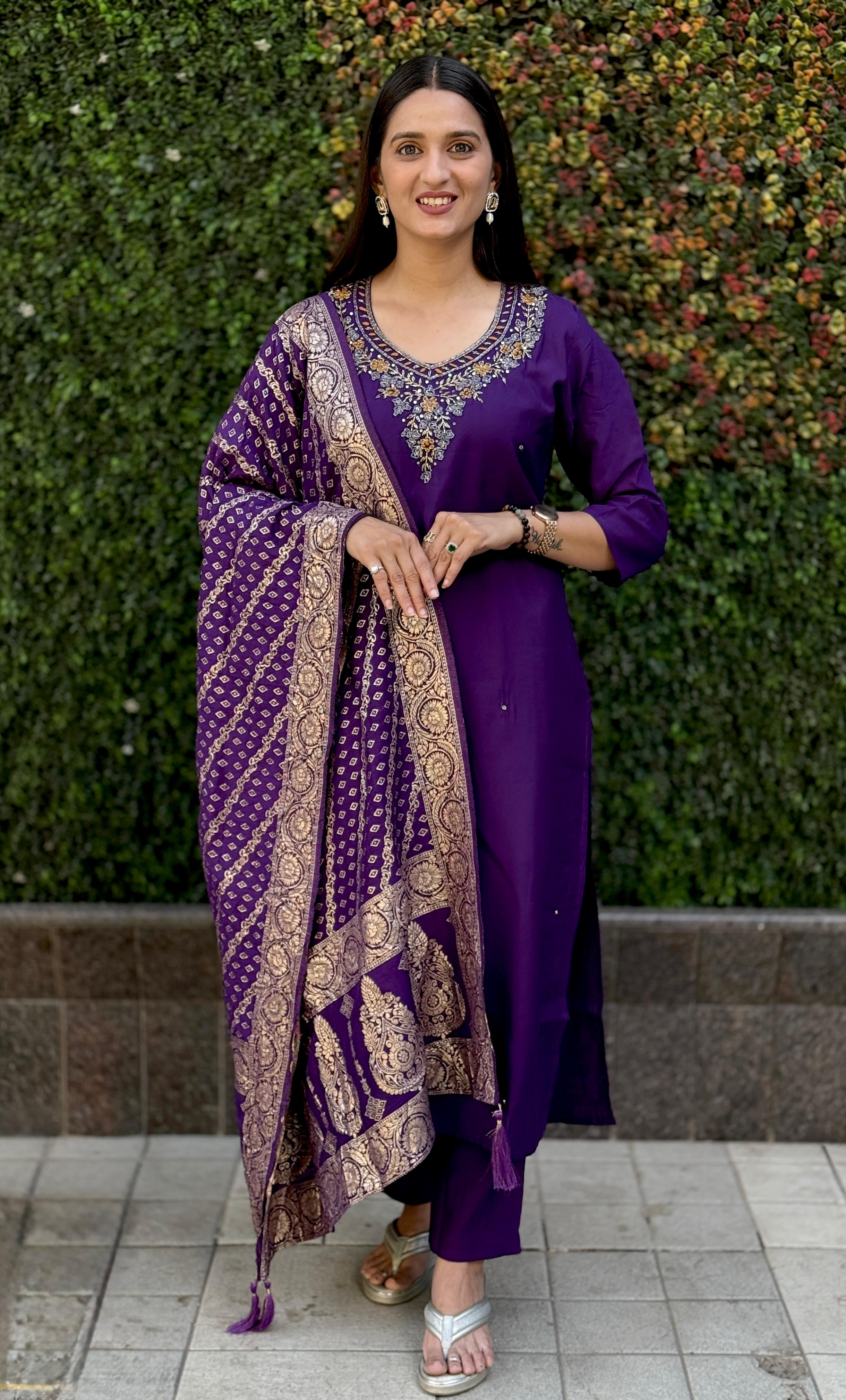 Vedant Vastram Kurta Pant Set With Dupatta Having Beautiful Handwork - Violet | Grocsy
