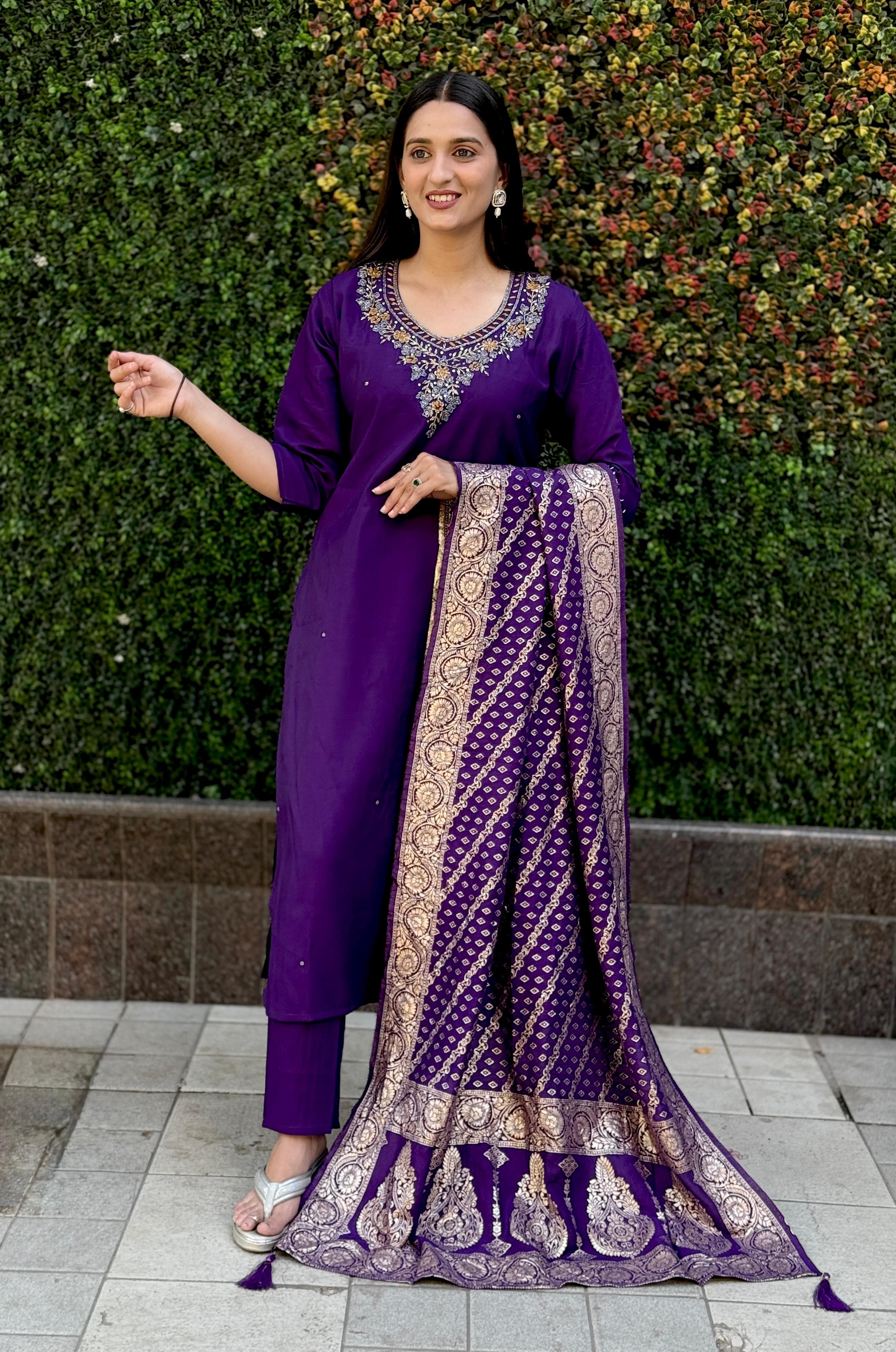 Vedant Vastram Kurta Pant Set With Dupatta Having Beautiful Handwork - Violet | Grocsy