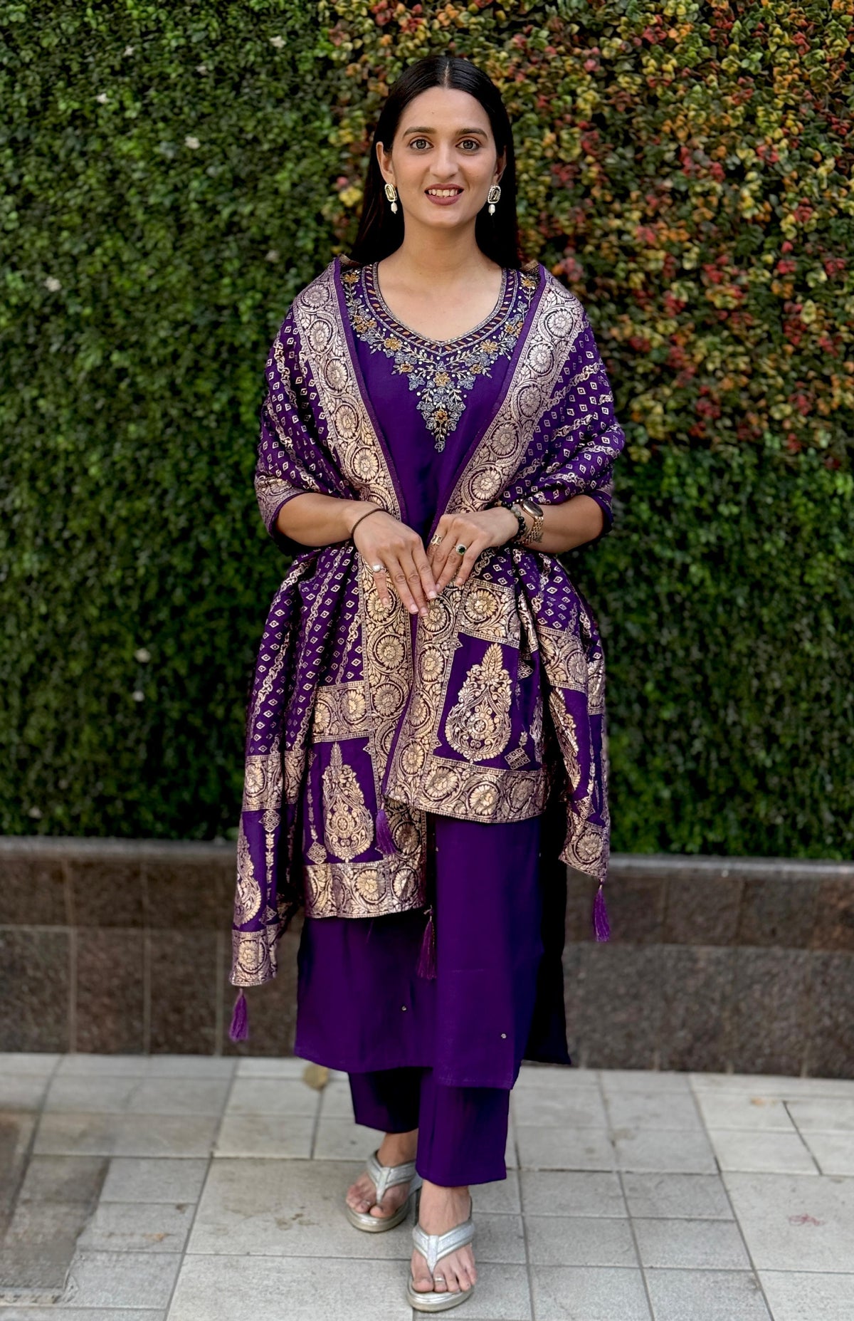 Vedant Vastram Kurta Pant Set With Dupatta Having Beautiful Handwork - Violet | Grocsy
