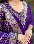 Vedant Vastram Kurta Pant Set With Dupatta Having Beautiful Handwork - Violet | Grocsy