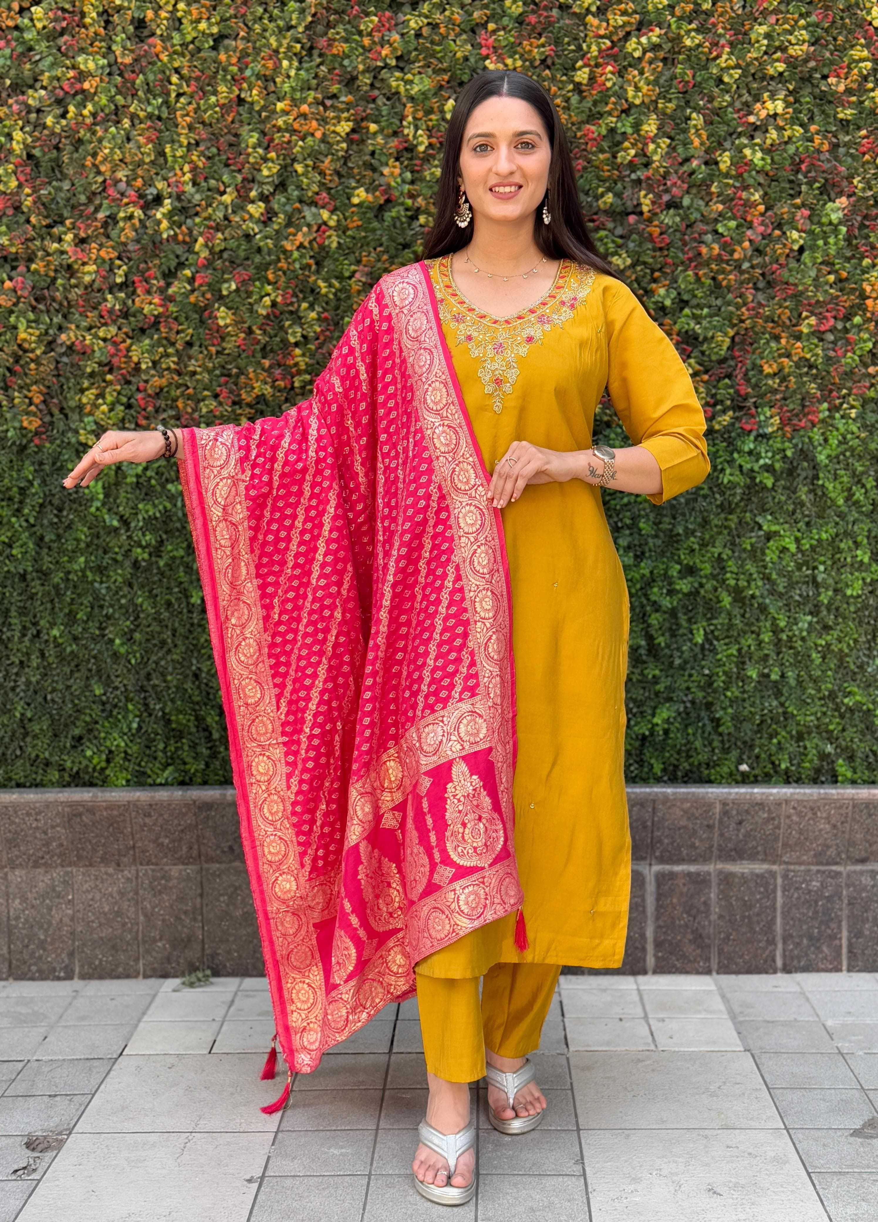 Vedant Vastram Kurta Pant Set With Dupatta Having Beautiful Handwork - Yellow | Grocsy