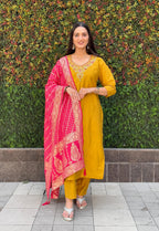 Vedant Vastram Kurta Pant Set With Dupatta Having Beautiful Handwork - Yellow | Grocsy
