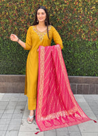Vedant Vastram Kurta Pant Set With Dupatta Having Beautiful Handwork - Yellow | Grocsy