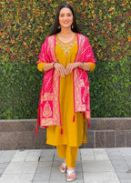 Vedant Vastram Kurta Pant Set With Dupatta Having Beautiful Handwork - Yellow | Grocsy