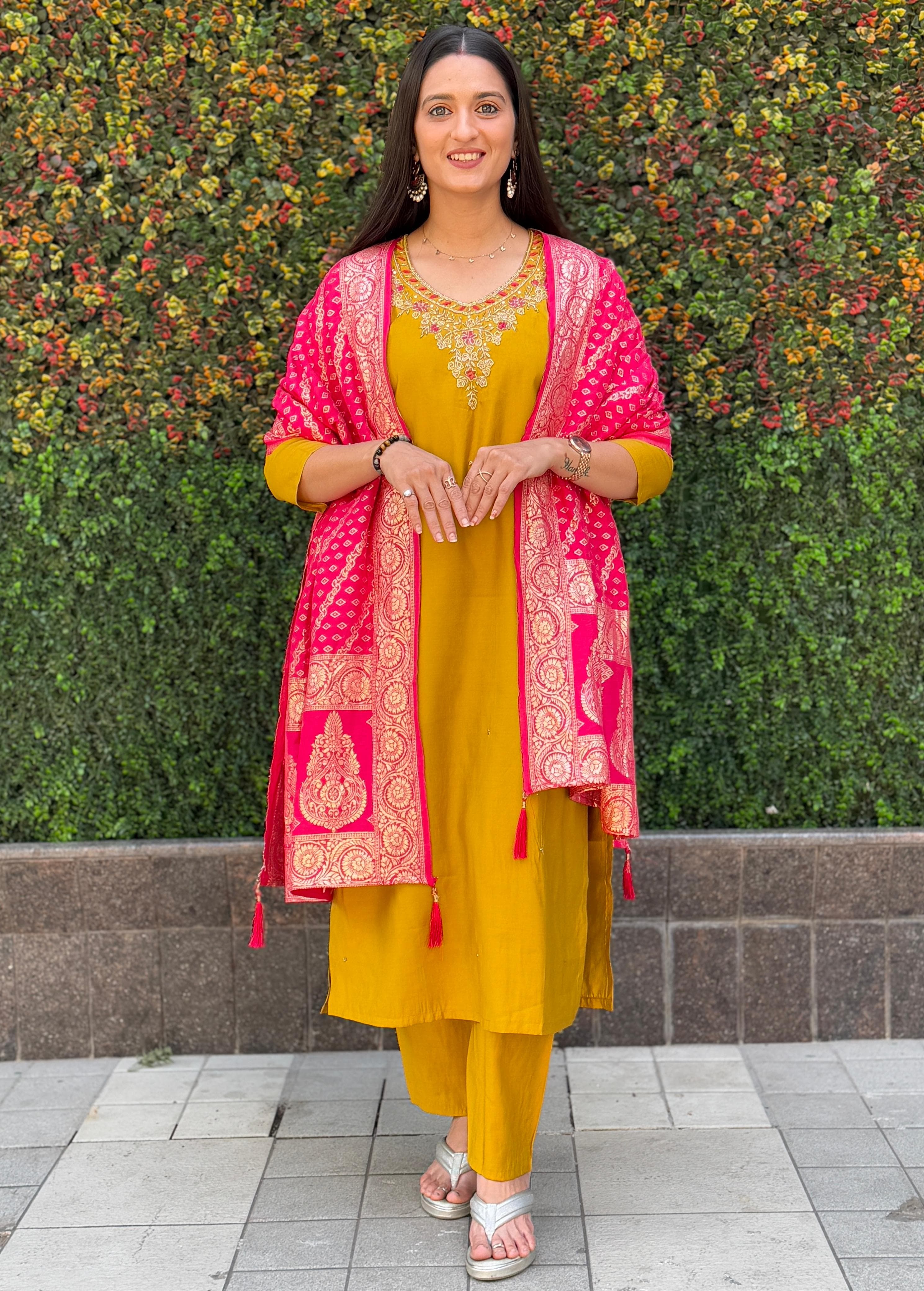 Vedant Vastram Kurta Pant Set With Dupatta Having Beautiful Handwork - Yellow | Grocsy