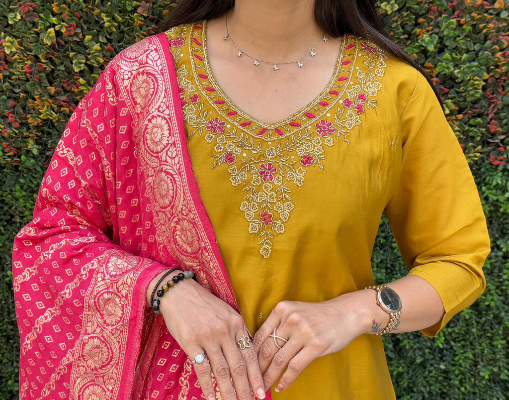 Vedant Vastram Kurta Pant Set With Dupatta Having Beautiful Handwork - Yellow | Grocsy