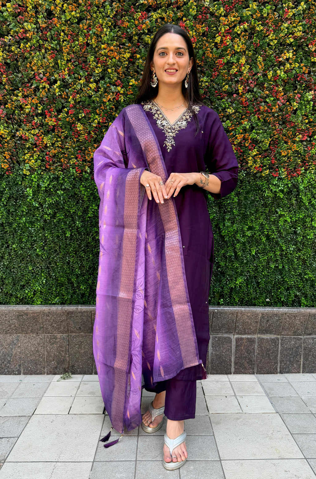 Vedant Vastram Kurta Pant Set With Dupatta Having Beautiful Handwork - Violet | Grocsy