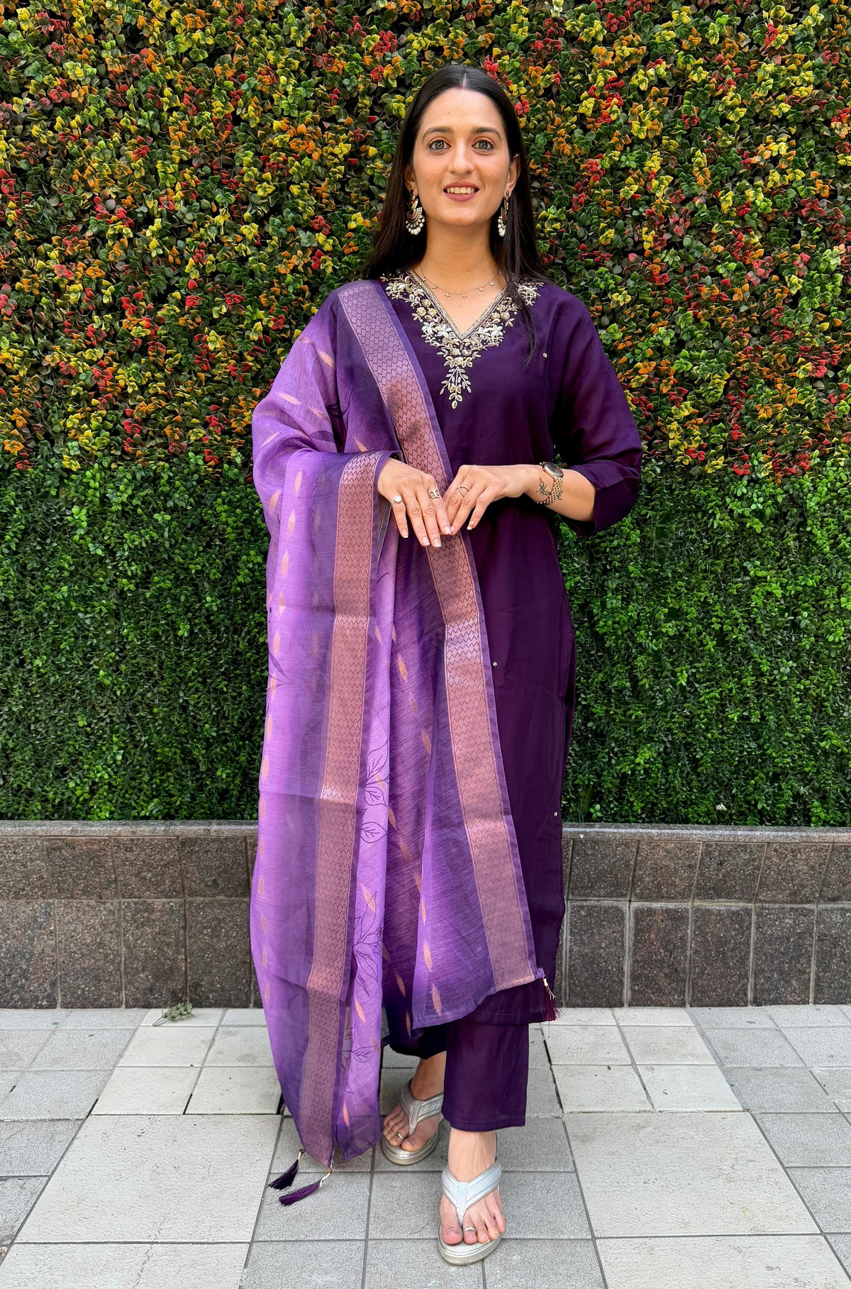 Vedant Vastram Kurta Pant Set With Dupatta Having Beautiful Handwork - Violet | Grocsy