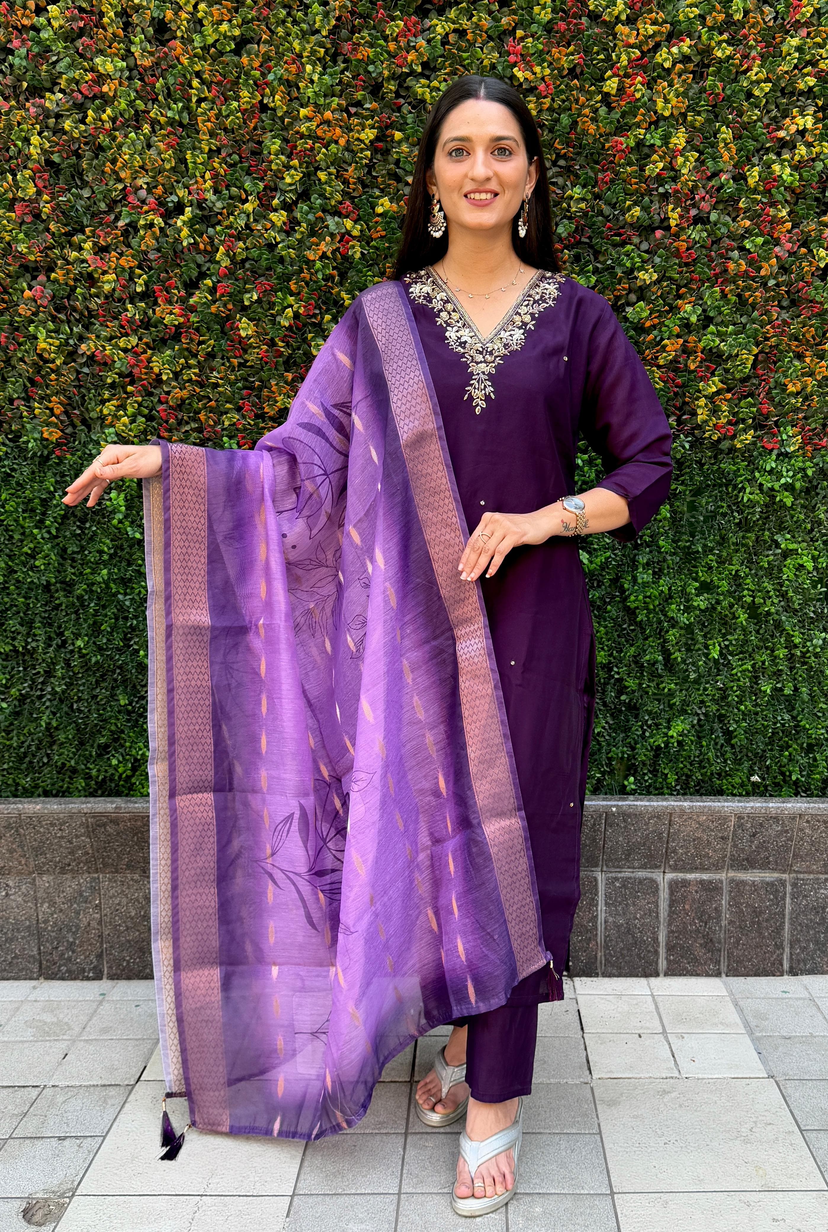 Vedant Vastram Kurta Pant Set With Dupatta Having Beautiful Handwork - Violet | Grocsy