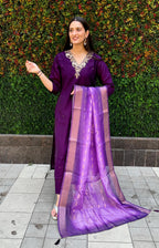 Vedant Vastram Kurta Pant Set With Dupatta Having Beautiful Handwork - Violet | Grocsy