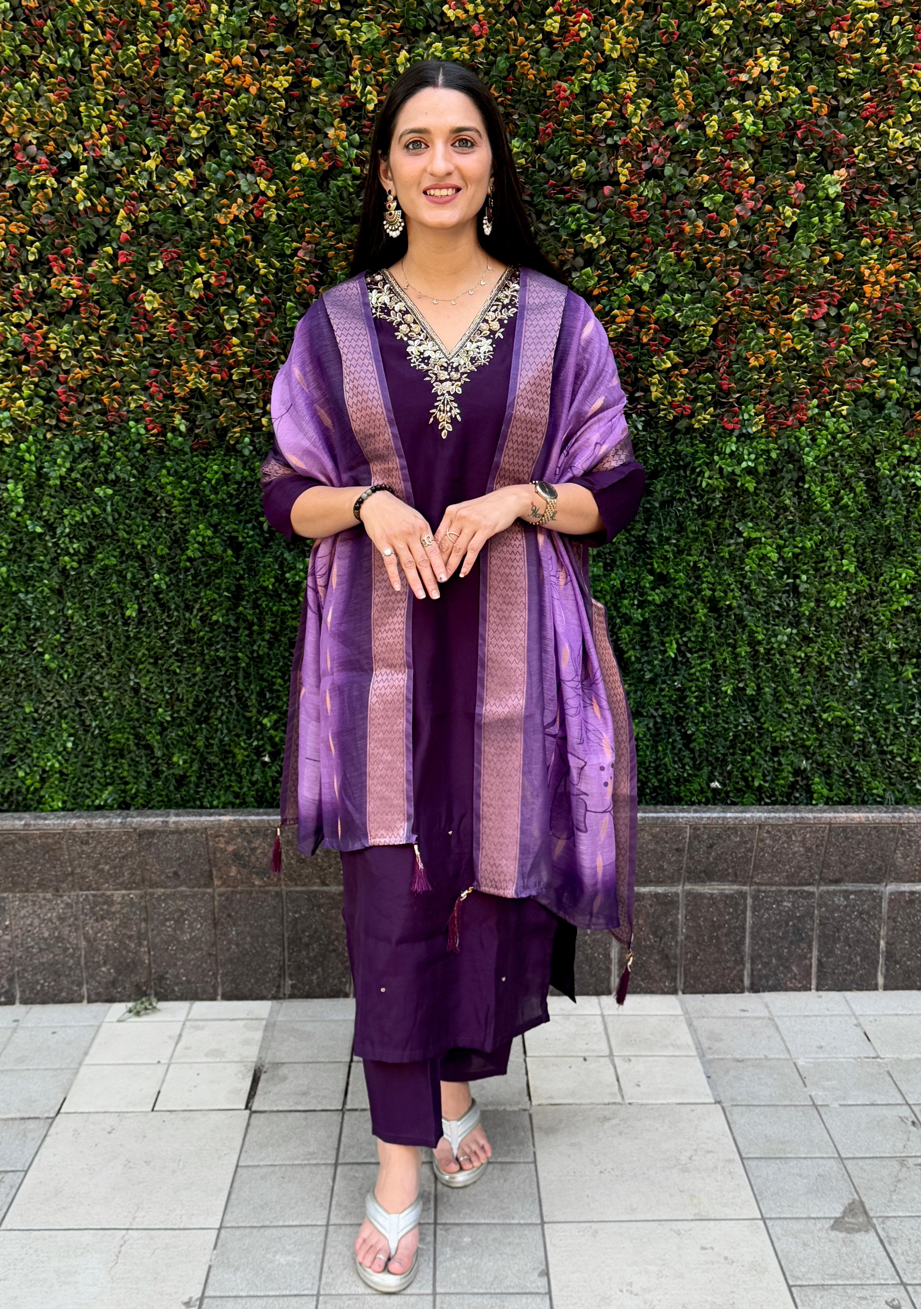 Vedant Vastram Kurta Pant Set With Dupatta Having Beautiful Handwork - Violet | Grocsy
