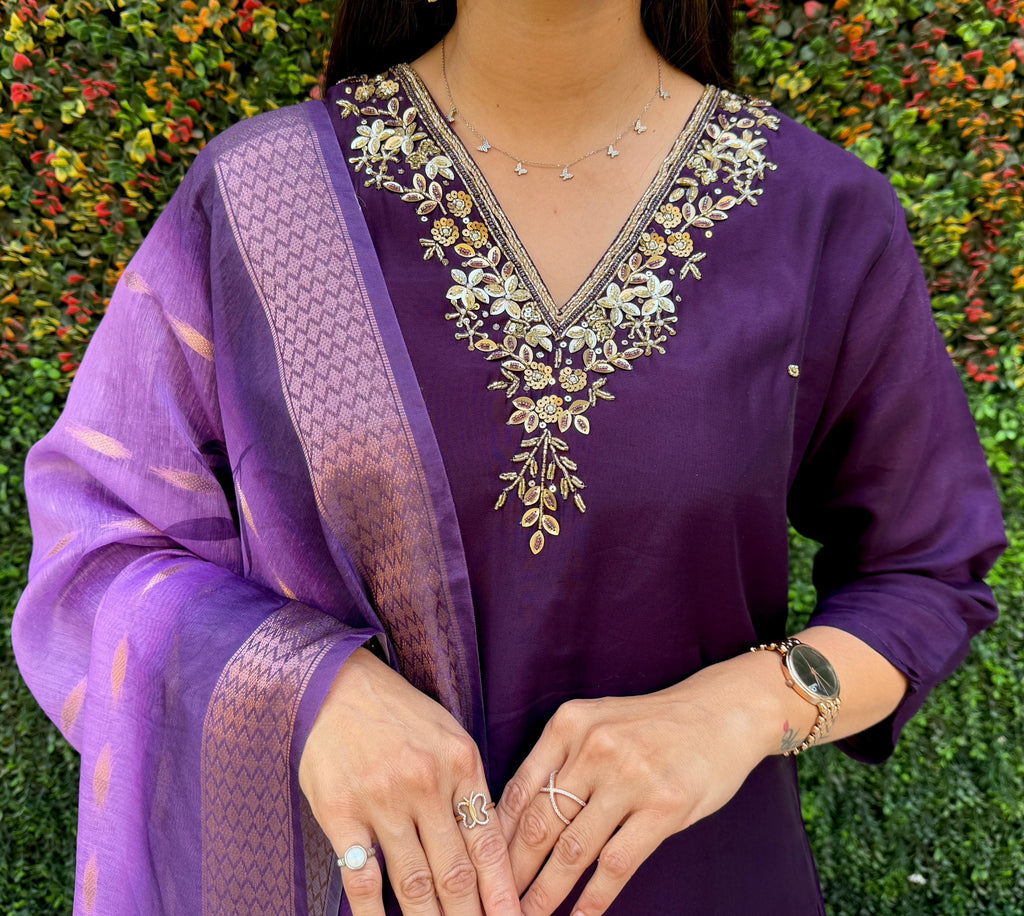 Vedant Vastram Kurta Pant Set With Dupatta Having Beautiful Handwork - Violet | Grocsy
