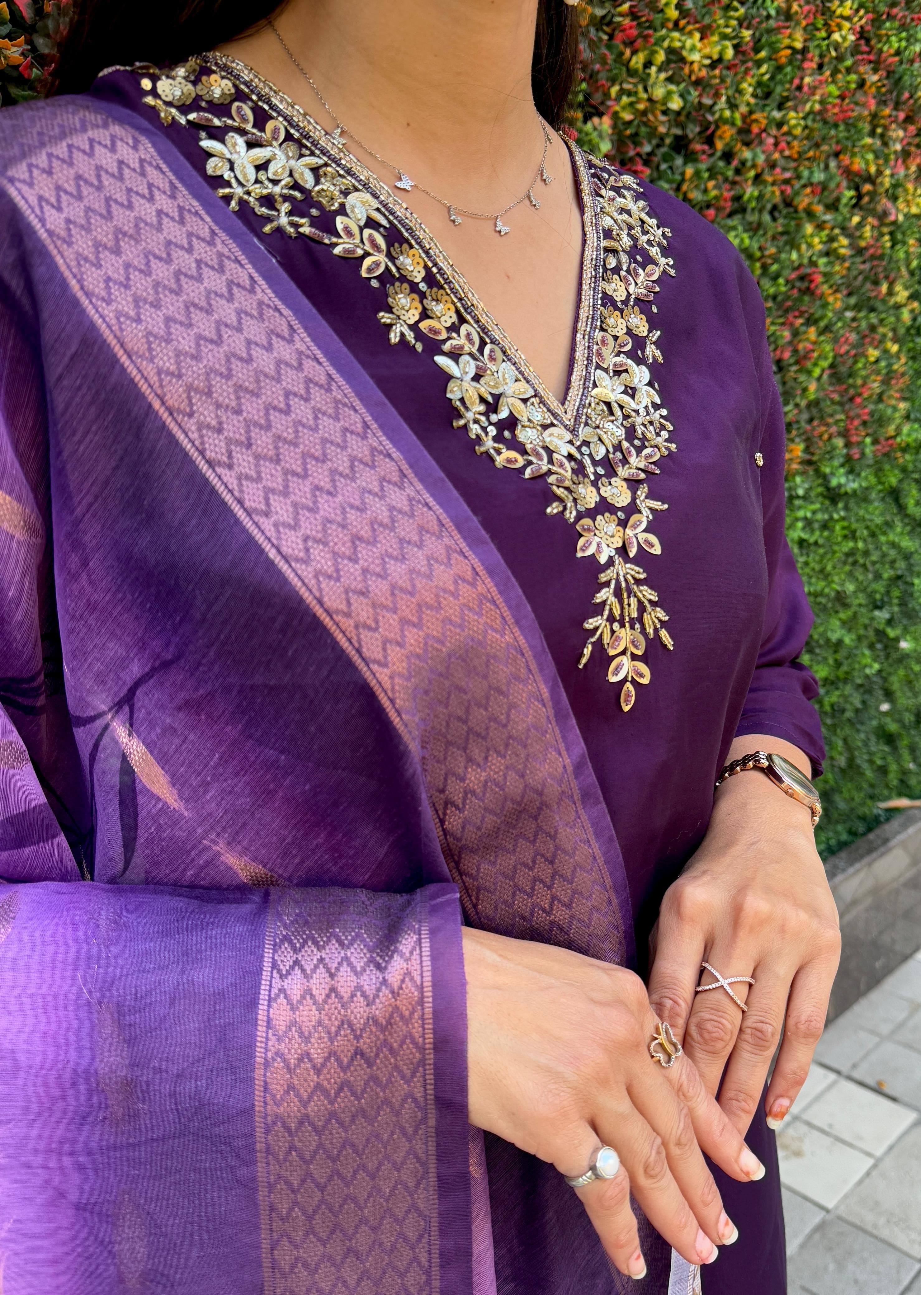 Vedant Vastram Kurta Pant Set With Dupatta Having Beautiful Handwork - Violet | Grocsy