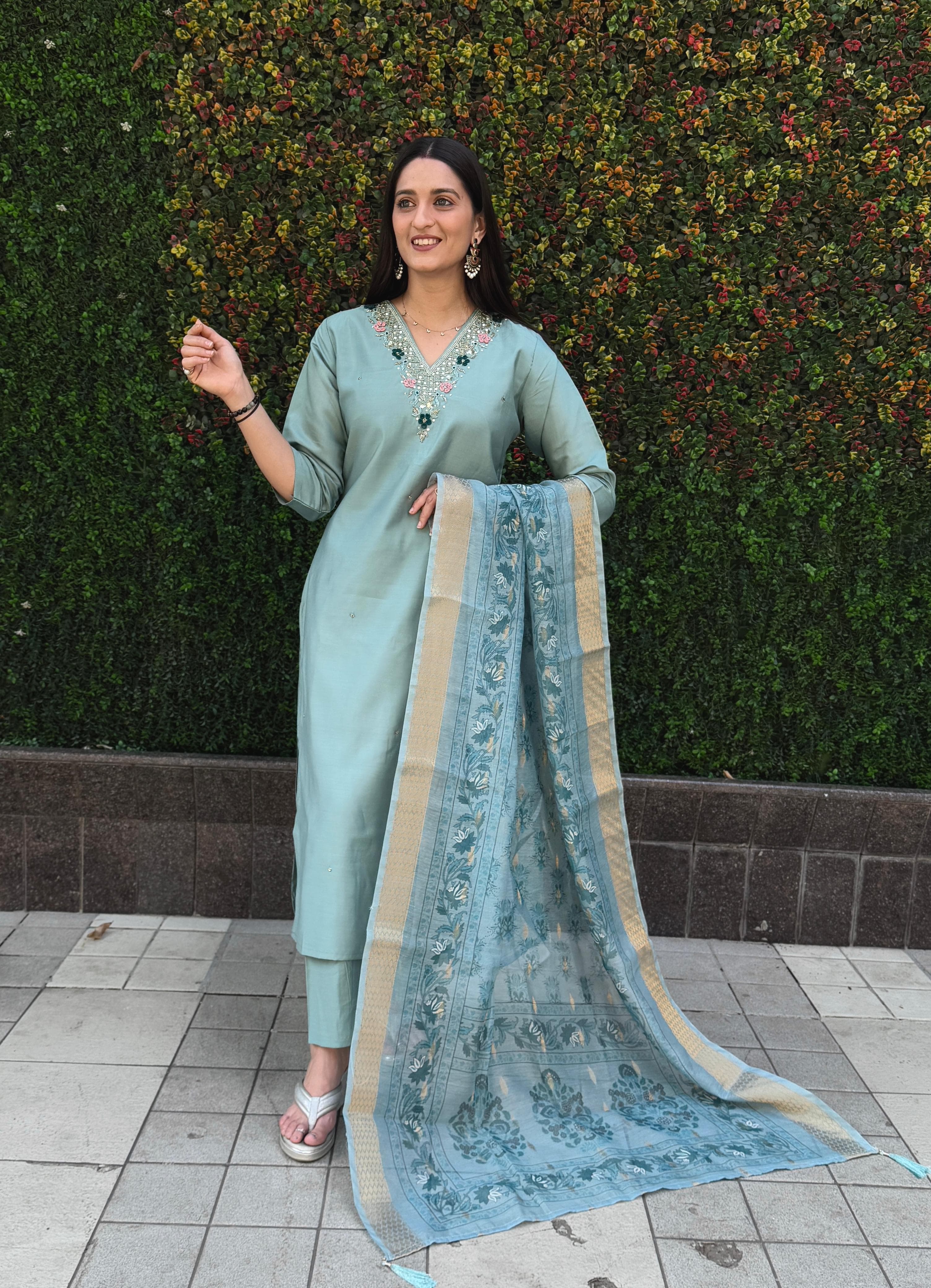 Vedant Vastram Kurta Pant Set With Dupatta Having Beautiful Handwork - See Green | Grocsy