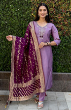 Vedant Vastram Kurta Pant Set With Dupatta Having Beautiful Handwork - Lavender | Grocsy