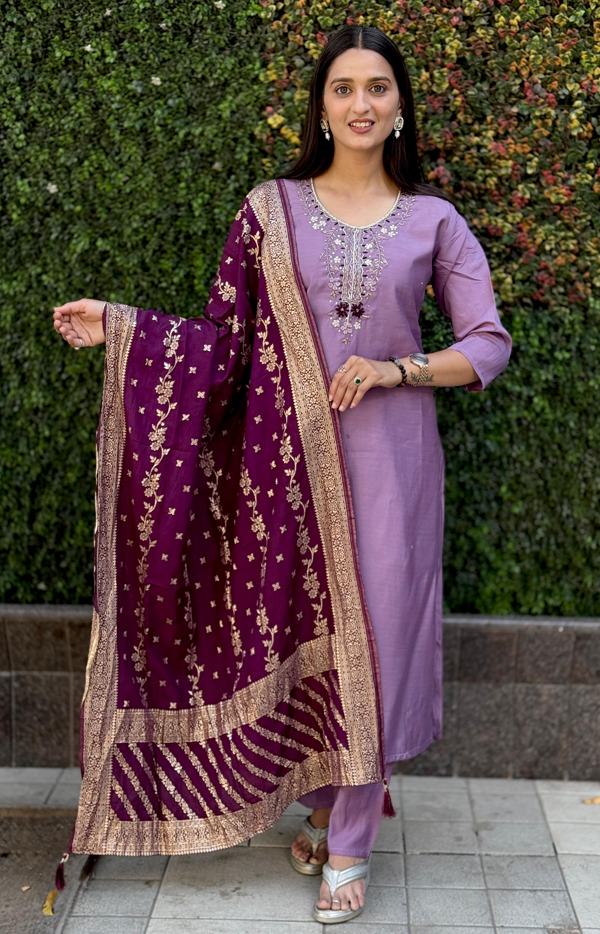 Vedant Vastram Kurta Pant Set With Dupatta Having Beautiful Handwork - Lavender | Grocsy