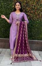 Vedant Vastram Kurta Pant Set With Dupatta Having Beautiful Handwork - Lavender | Grocsy