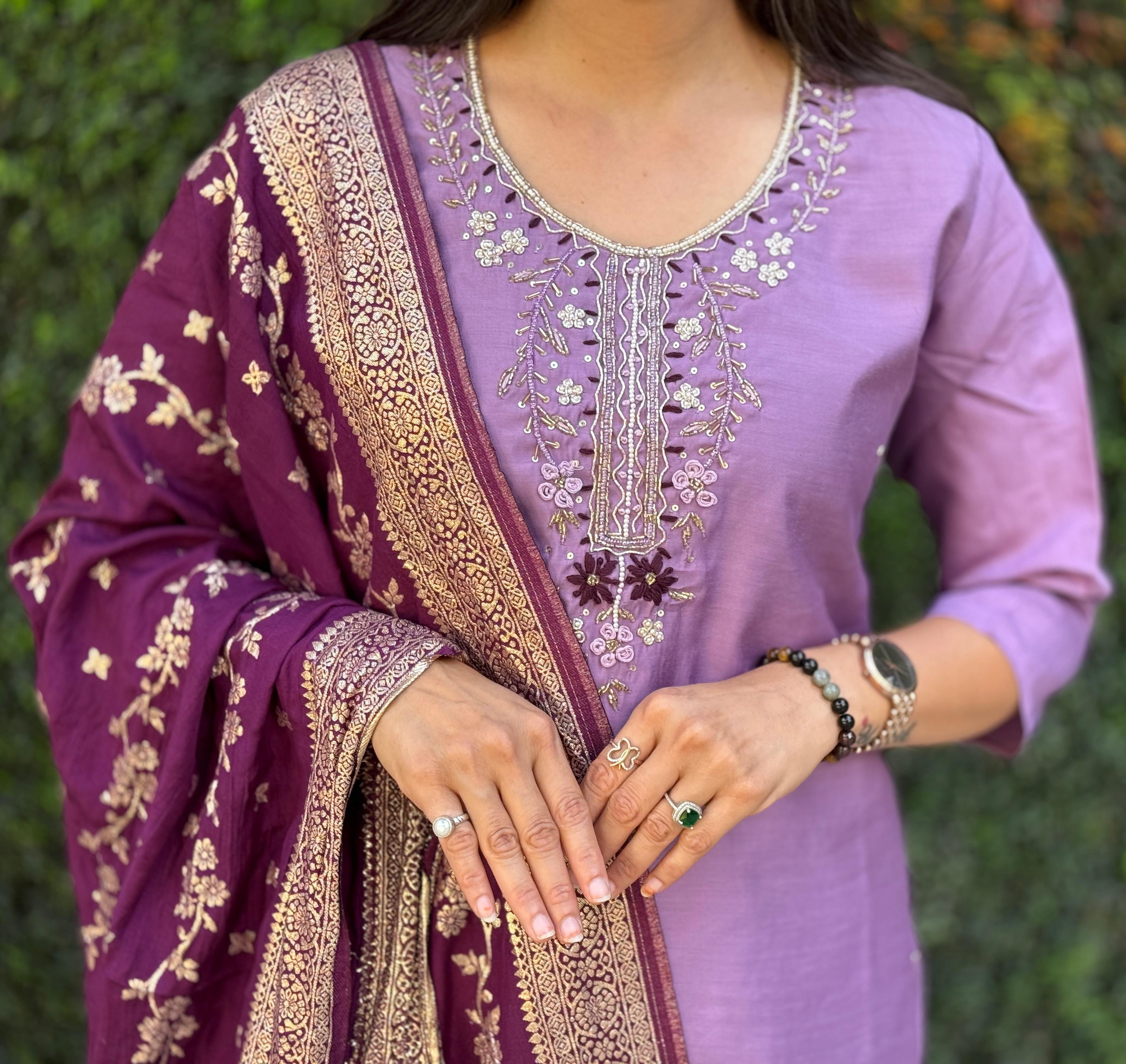 Vedant Vastram Kurta Pant Set With Dupatta Having Beautiful Handwork - Lavender | Grocsy
