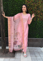 Vedant Vastram Kurta Pant Set With Dupatta Having Beautiful Handwork - Light Pink | Grocsy