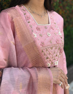 Vedant Vastram Kurta Pant Set With Dupatta Having Beautiful Handwork - Light Pink | Grocsy