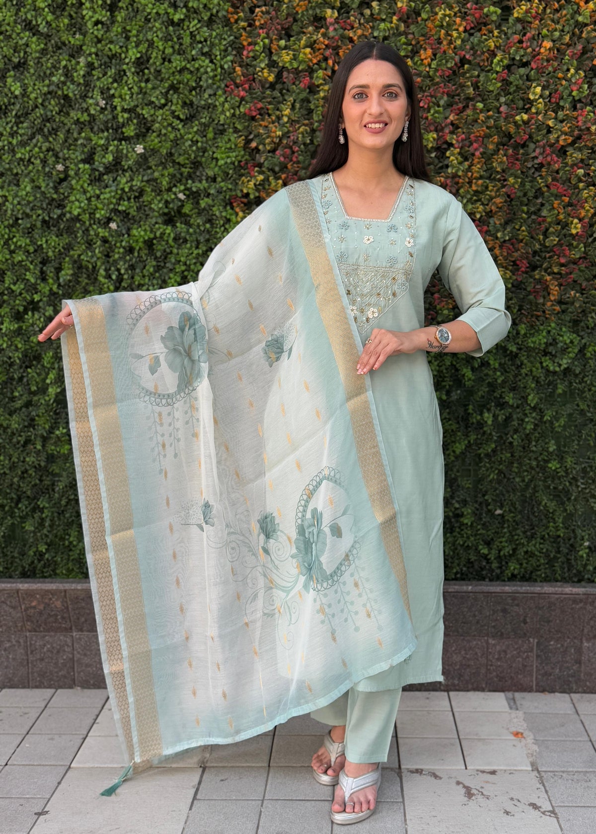 Vedant Vastram Kurta Pant Set With Dupatta Having Beautiful Handwork - See Green | Grocsy