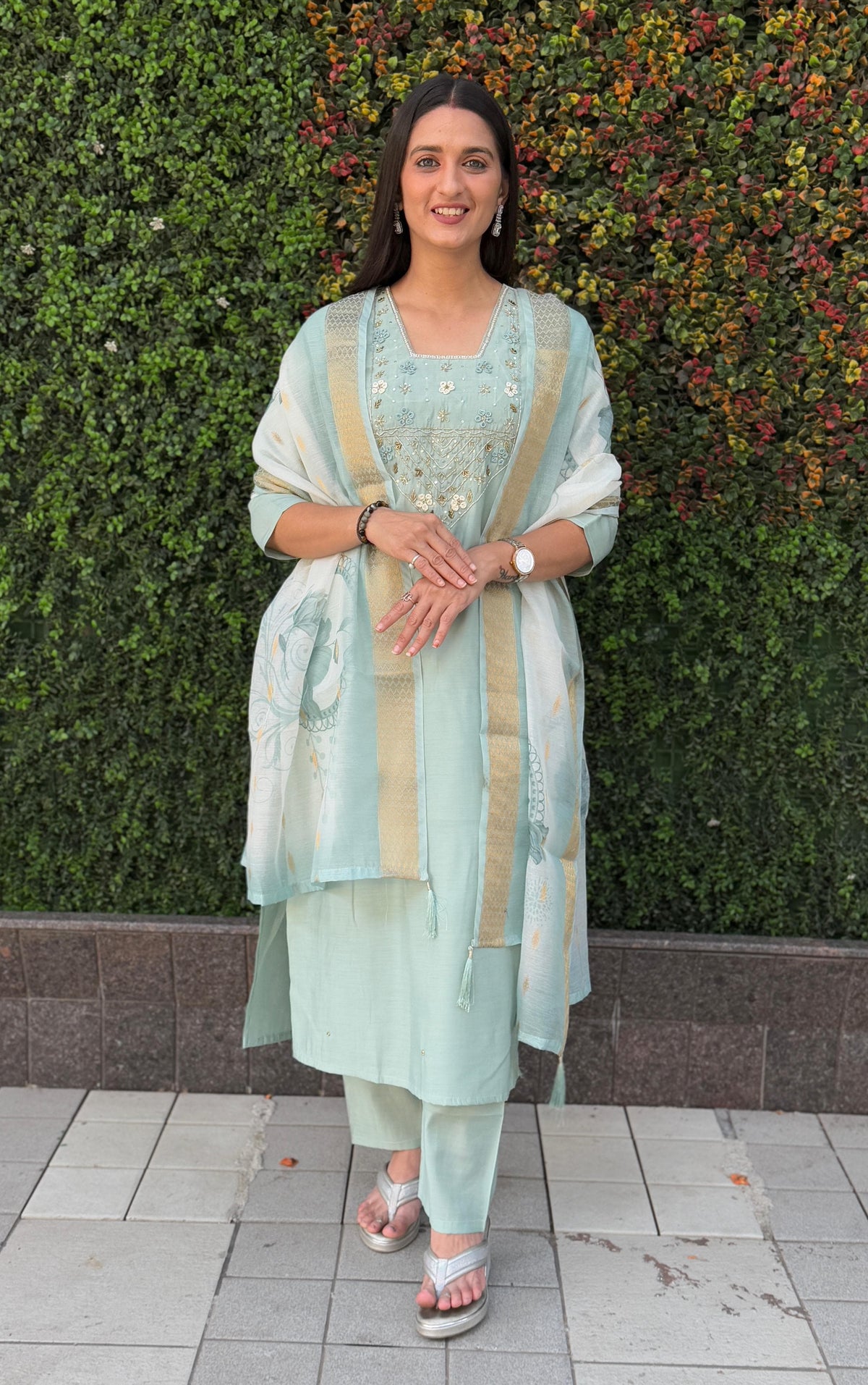 Vedant Vastram Kurta Pant Set With Dupatta Having Beautiful Handwork - See Green | Grocsy