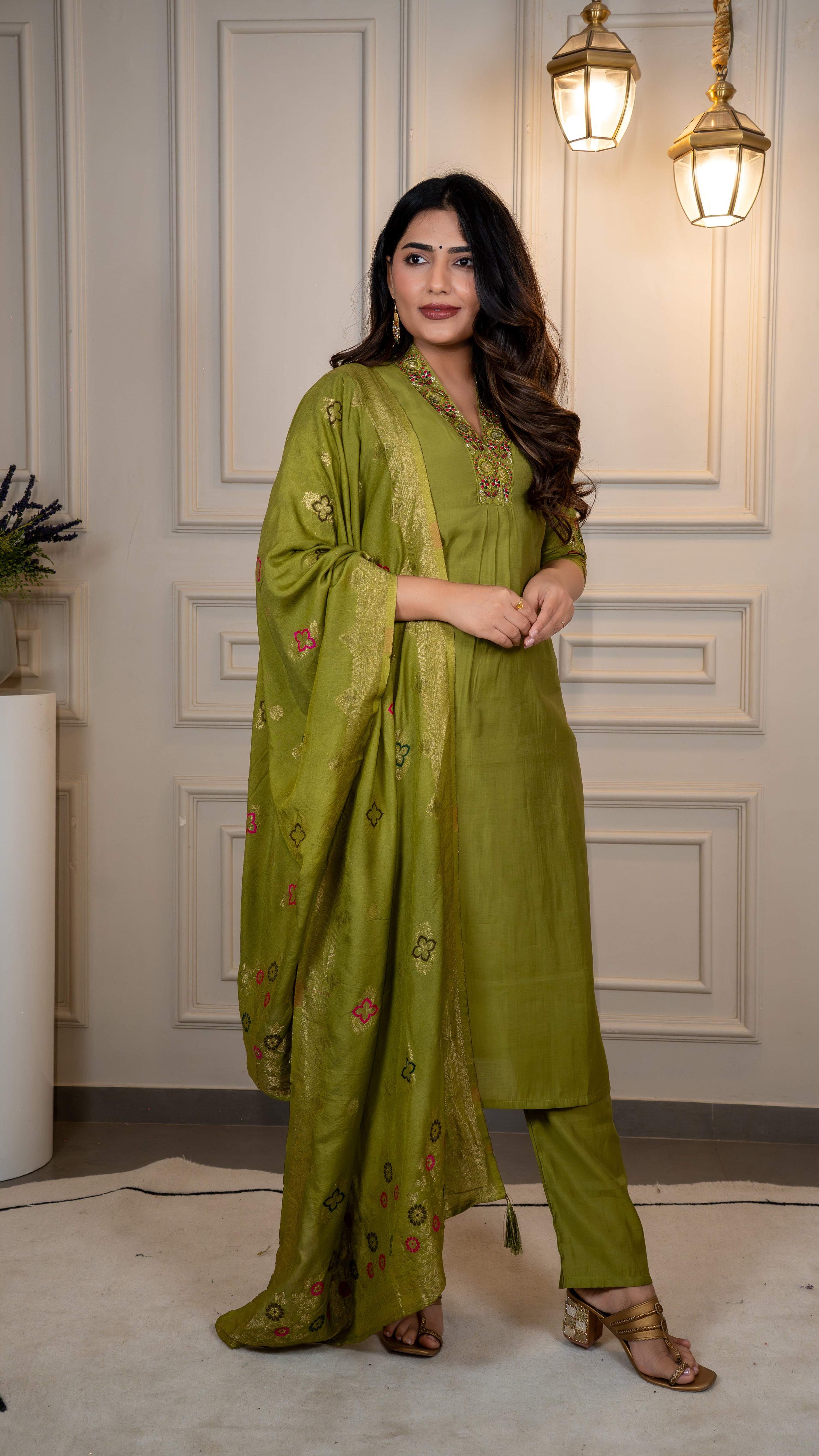 Vedant Vastram Roman Silk Hand Work & Embroidery Work Stitched Kurta Pant Dupatta Set-Mehandi | Grocsy