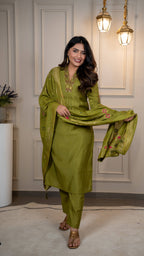 Vedant Vastram Roman Silk Hand Work & Embroidery Work Stitched Kurta Pant Dupatta Set-Mehandi | Grocsy