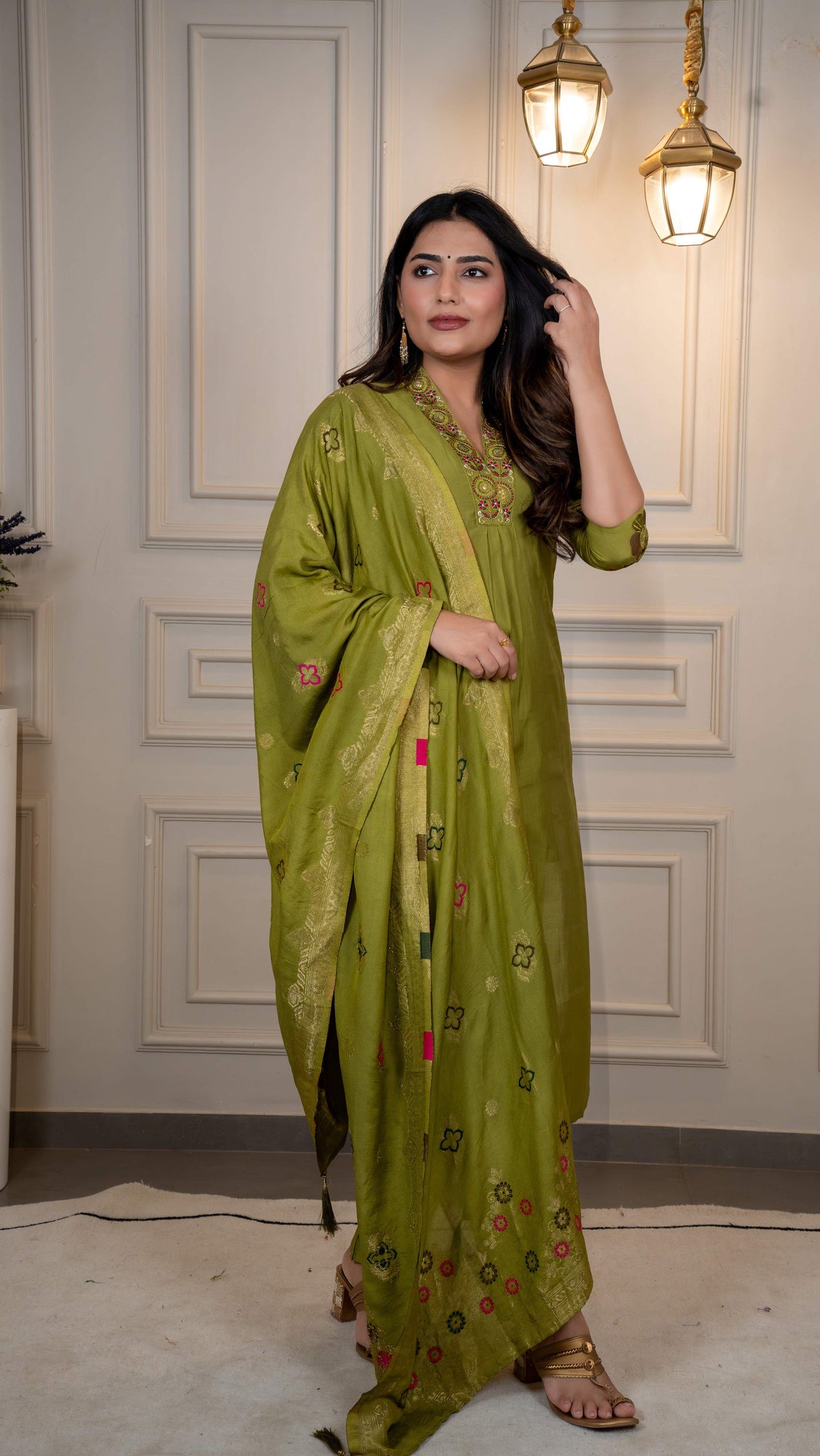 Vedant Vastram Roman Silk Hand Work & Embroidery Work Stitched Kurta Pant Dupatta Set-Mehandi | Grocsy