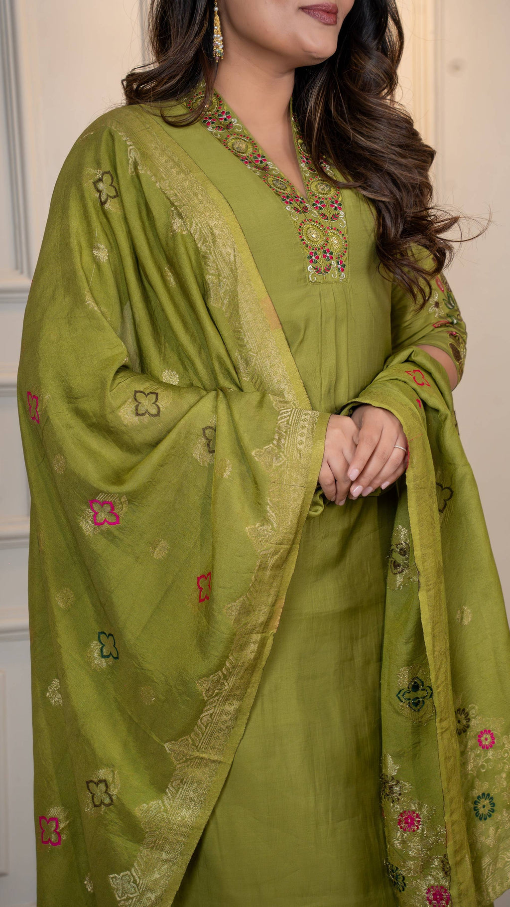 Vedant Vastram Roman Silk Hand Work & Embroidery Work Stitched Kurta Pant Dupatta Set-Mehandi | Grocsy