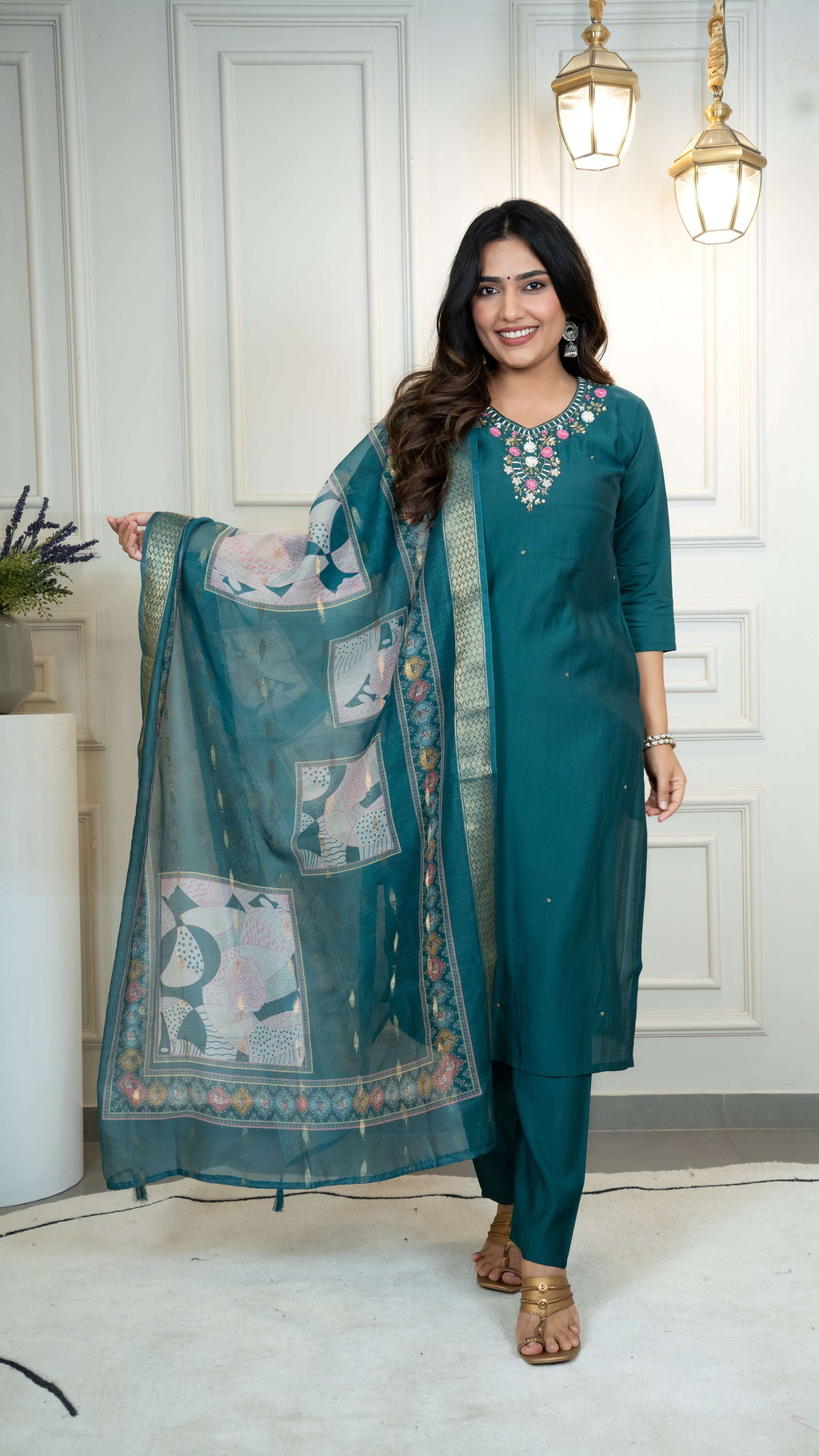 Vedant Vastram Roman Silk Hand Work & Embroidery Work Stitched Kurta Pant Dupatta Set-Rama | Grocsy