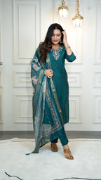 Vedant Vastram Roman Silk Hand Work & Embroidery Work Stitched Kurta Pant Dupatta Set-Rama | Grocsy