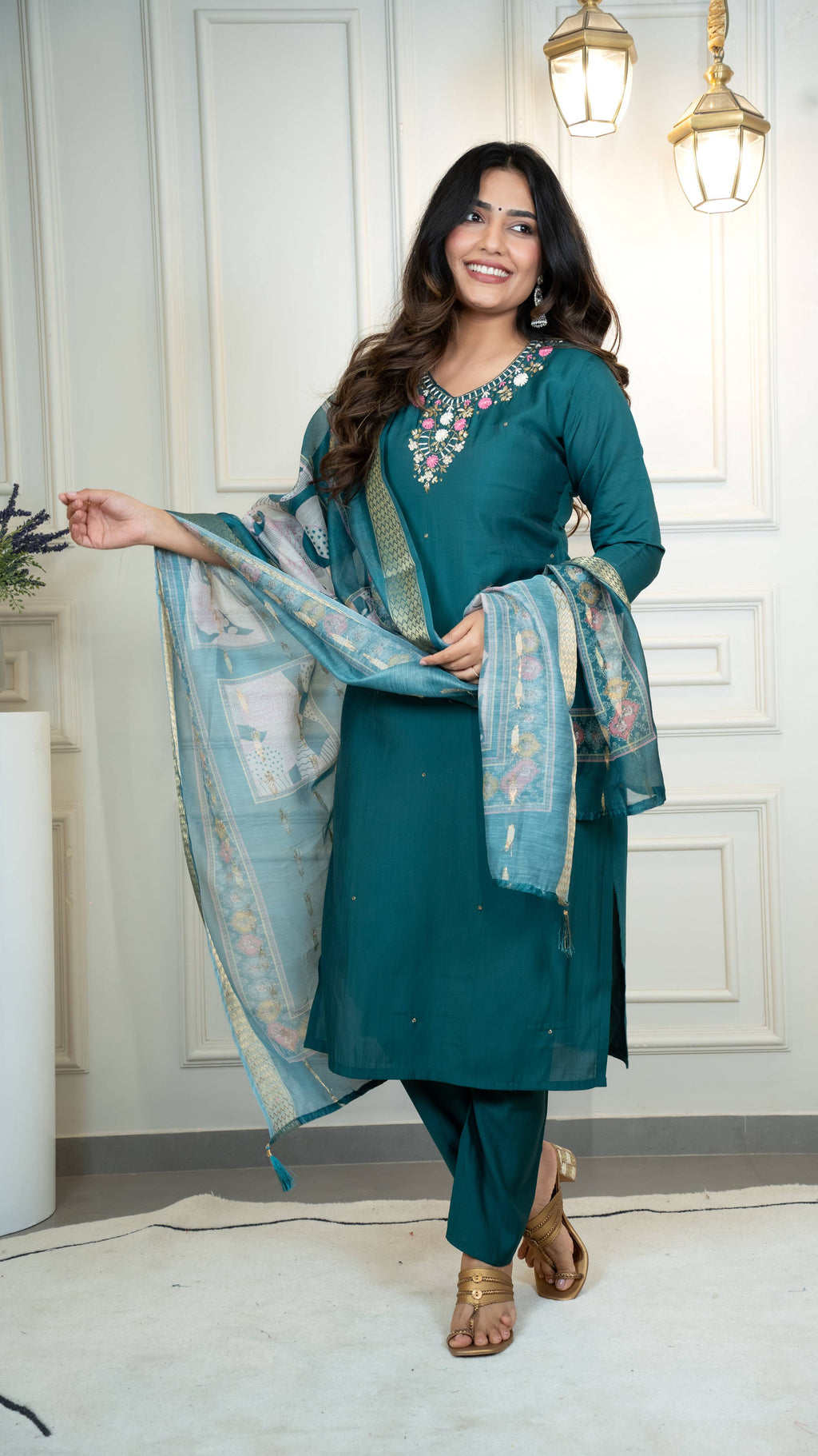 Vedant Vastram Roman Silk Hand Work & Embroidery Work Stitched Kurta Pant Dupatta Set-Rama | Grocsy