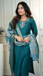Vedant Vastram Roman Silk Hand Work & Embroidery Work Stitched Kurta Pant Dupatta Set-Rama | Grocsy