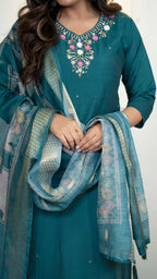 Vedant Vastram Roman Silk Hand Work & Embroidery Work Stitched Kurta Pant Dupatta Set-Rama | Grocsy