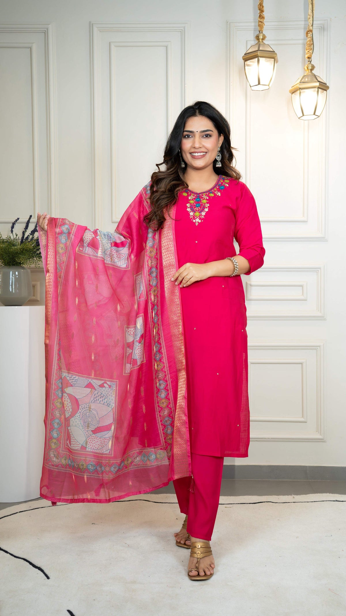 Vedant Vastram Roman Silk Hand Work & Embroidery Work Stitched Kurta Pant Dupatta Set-Pink | Grocsy