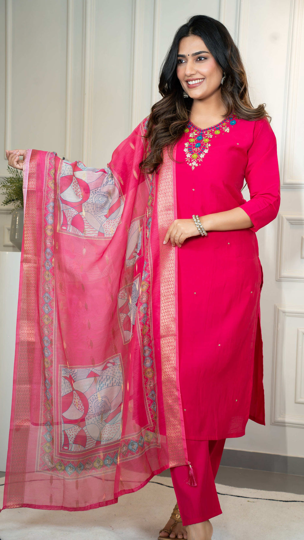 Vedant Vastram Roman Silk Hand Work & Embroidery Work Stitched Kurta Pant Dupatta Set-Pink | Grocsy