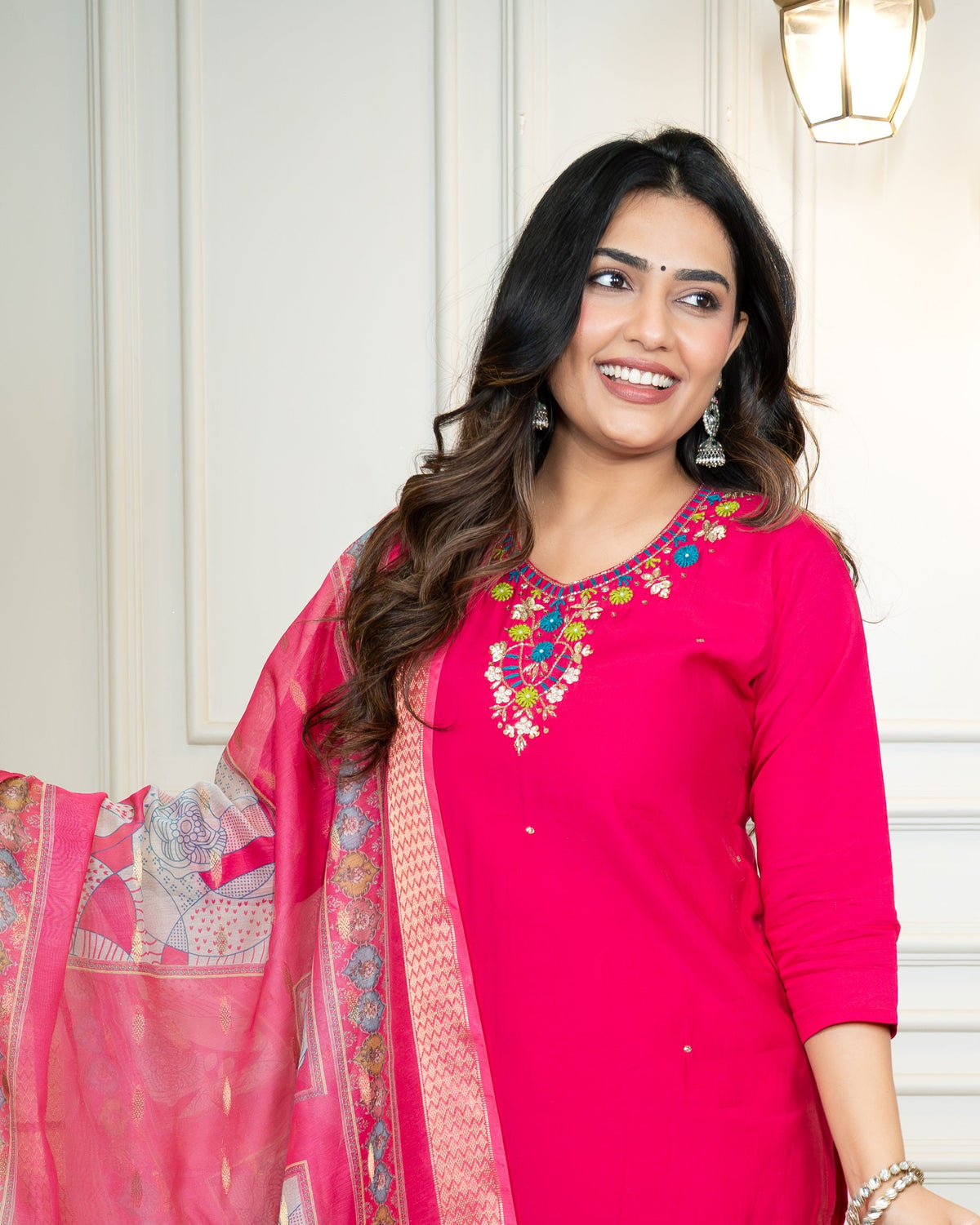 Vedant Vastram Roman Silk Hand Work & Embroidery Work Stitched Kurta Pant Dupatta Set-Pink | Grocsy