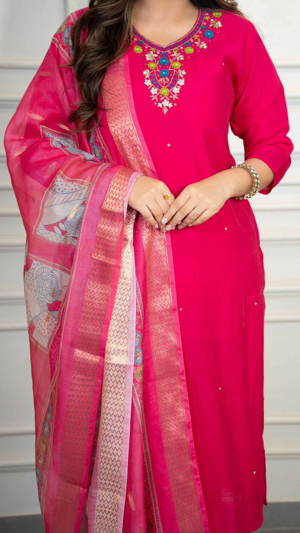 Vedant Vastram Roman Silk Hand Work & Embroidery Work Stitched Kurta Pant Dupatta Set-Pink | Grocsy