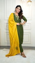 Vedant Vastram Roman Silk Hand Work & Embroidery Work Stitched Kurta Pant Dupatta Set-Mehandi | Grocsy