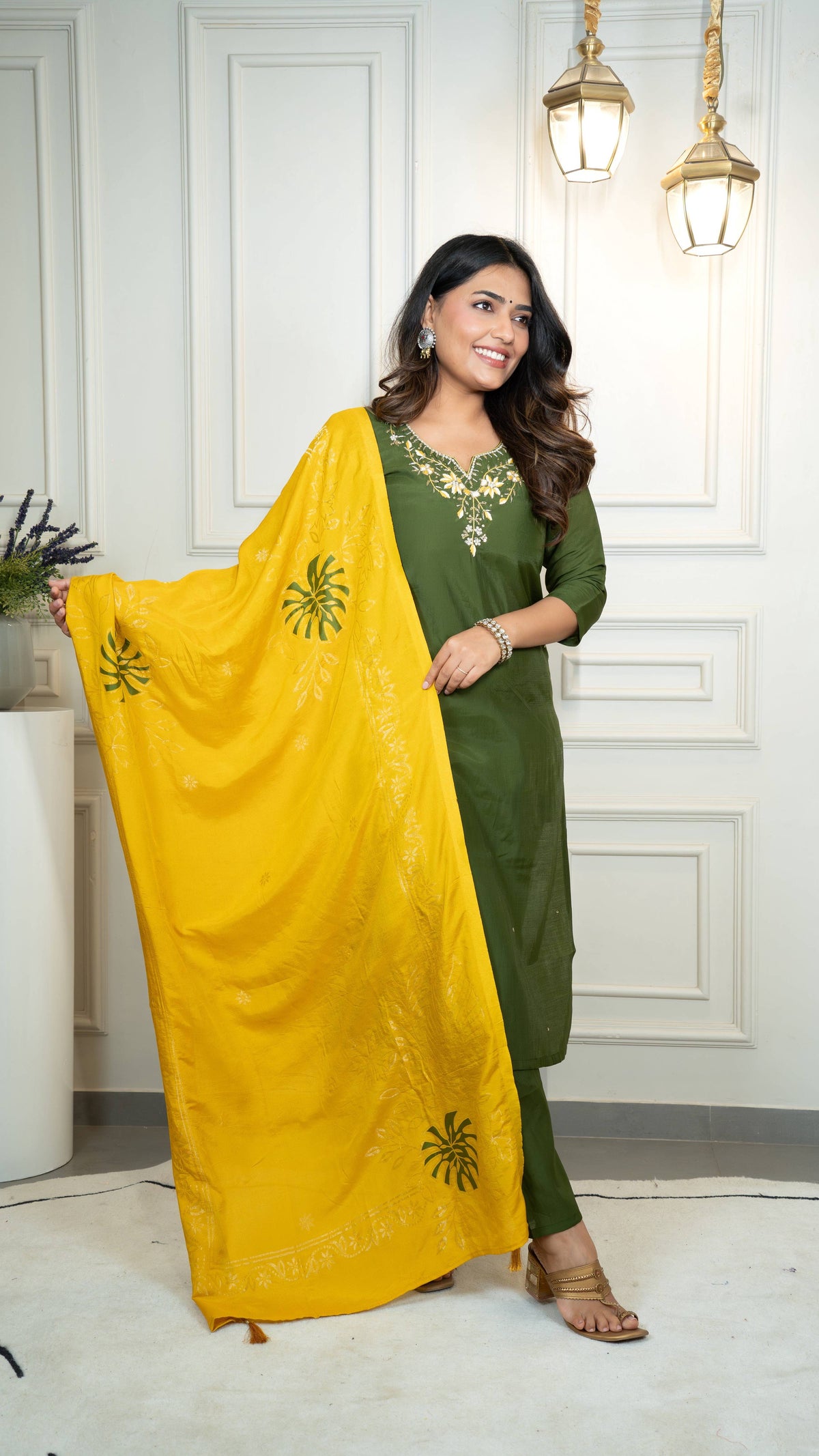 Vedant Vastram Roman Silk Hand Work & Embroidery Work Stitched Kurta Pant Dupatta Set-Mehandi | Grocsy