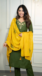 Vedant Vastram Roman Silk Hand Work & Embroidery Work Stitched Kurta Pant Dupatta Set-Mehandi | Grocsy